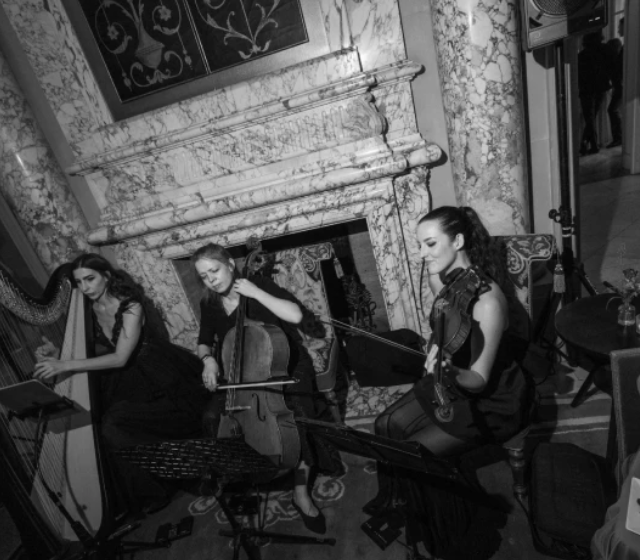A live string trio performing at an elegant venue