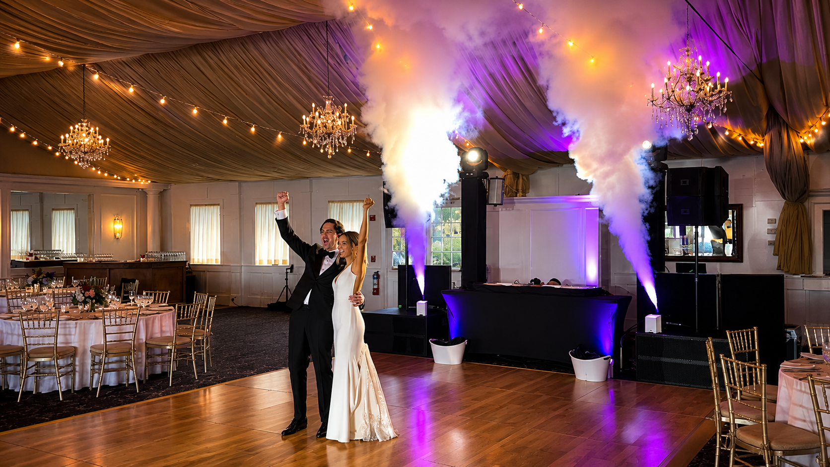 An overhead view of a formal dance floor framed by indoor sparkler effects